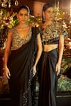Shreeka Black Viscose, Satin, Crepe Pearls, Floral Embroidered Cape Draped Skirt Set at Aza Fashions Shreeka_Black Viscose, Satin, Crepe Pearls, Floral Embroidered Cape Draped Skirt Set _at_Aza_Fashions