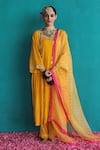 Buy_Pooja Singhal_Yellow Kurta Viscose Silk Embroidery Sequin Round Gathered Neckline Set _at_Aza_Fashions