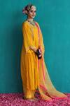 Pooja Singhal_Yellow Kurta Viscose Silk Embroidery Sequin Round Gathered Neckline Set _Online_at_Aza_Fashions