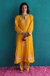 Shop_Pooja Singhal_Yellow Kurta Viscose Silk Embroidery Sequin Notched Floral Set _Online_at_Aza_Fashions