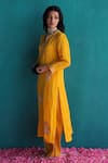 Pooja Singhal_Yellow Kurta Viscose Silk Embroidery Sequin Notched Floral Set _at_Aza_Fashions