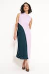 House of Behram_Purple Moss Crepe Plain High Neck Curved Linear Pattern Color Block Dress _Online_at_Aza_Fashions