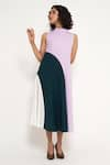 Buy_House of Behram_Purple Moss Crepe Plain High Neck Curved Linear Pattern Color Block Dress _Online_at_Aza_Fashions