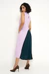 Shop_House of Behram_Purple Moss Crepe Plain High Neck Curved Linear Pattern Color Block Dress _Online_at_Aza_Fashions