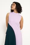 House of Behram_Purple Moss Crepe Plain High Neck Curved Linear Pattern Color Block Dress _at_Aza_Fashions