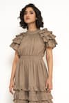 House of Behram_Beige Moss Crepe Plain High Neck Ruffle Detailed Dress _Online_at_Aza_Fashions