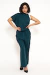 Buy_House of Behram_Green Moss Crepe Plain High Neck Asymmetric Sleeve Jumpsuit _at_Aza_Fashions