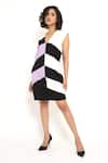 House of Behram_Black Moss Crepe Plain V Neck Diagonal Striped Color Block Dress _Online_at_Aza_Fashions