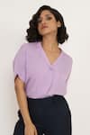 House of Behram_Purple Moss Crepe Plain Camp Collar Shirt _Online_at_Aza_Fashions