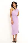 House of Behram_Purple Moss Crepe Plain V Neck Elasticated Detail Dress _Online_at_Aza_Fashions