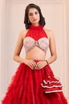 Masumi Mewawalla x AZA_Red Net Embroidery Sequins Halter Neck Ruffled Lehenga With Blouse _at_Aza_Fashions