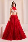 Masumi Mewawalla x AZA_Red Net Embroidery Sequins Halter Neck Ruffled Lehenga With Blouse _Online