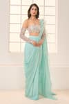 Shop_Masumi Mewawalla x AZA_Blue Net Embroidered Blouse Sequins Pre-draped Saree With Work  _at_Aza_Fashions