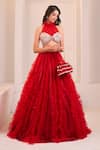 Buy_Masumi Mewawalla x AZA_Red Net Embroidery Sequins Halter Neck Ruffled Lehenga With Blouse _at_Aza_Fashions