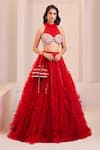 Buy_Masumi Mewawalla x AZA_Red Net Embroidery Sequins Halter Neck Ruffled Lehenga With Blouse _Online