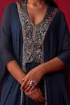 Adaara Couture_Blue Georgette Printed Sequin Leaf Neck Textured Yoke Embroidered Kaftan _Online_at_Aza_Fashions