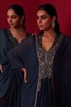 Shop_Adaara Couture_Blue Georgette Printed Sequin Leaf Neck Textured Yoke Embroidered Kaftan _Online_at_Aza_Fashions