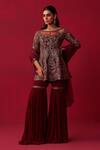 Buy_Adaara Couture_Maroon Top Russian Silk Embroidery Sequin Boat Neck Glitch Peplum Sharara Set _at_Aza_Fashions