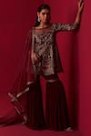 Shop_Adaara Couture_Maroon Top Russian Silk Embroidery Sequin Boat Neck Glitch Peplum Sharara Set _at_Aza_Fashions