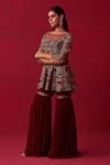 Buy_Adaara Couture_Maroon Top Russian Silk Embroidery Sequin Boat Neck Glitch Peplum Sharara Set _Online_at_Aza_Fashions