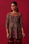 Shop_Adaara Couture_Maroon Top Russian Silk Embroidery Sequin Boat Neck Glitch Peplum Sharara Set _Online_at_Aza_Fashions