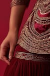 Adaara Couture_Maroon Top Russian Silk Embroidery Sequin Boat Neck Glitch Peplum Sharara Set _at_Aza_Fashions