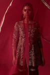 Buy_Adaara Couture_Maroon Top Russian Silk Embroidery Sequin Boat Neck Glitch Peplum Sharara Set 