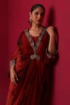 Adaara Couture_Red Georgette Printed And Embroidered Marble V Neck Mandala Draped Kaftan _Online_at_Aza_Fashions