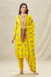 Buy_Anamika Khanna_Yellow Cotton Silk Embroidery Thread Round Kurta Pant Set _at_Aza_Fashions