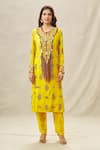 Anamika Khanna_Yellow Cotton Silk Embroidery Thread Round Kurta Pant Set _Online_at_Aza_Fashions