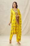 Buy_Anamika Khanna_Yellow Cotton Silk Embroidery Thread Round Kurta Pant Set _Online_at_Aza_Fashions