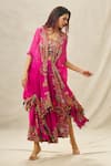 Buy_Anamika Khanna_Fuchsia Cotton Silk Embroidery Thread Cape Open Border Draped Skirt Set _at_Aza_Fashions