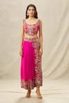 Anamika Khanna_Fuchsia Cotton Silk Embroidery Thread Cape Open Border Draped Skirt Set _Online_at_Aza_Fashions