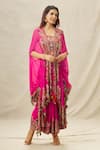 Buy_Anamika Khanna_Fuchsia Cotton Silk Embroidery Thread Cape Open Border Draped Skirt Set _Online_at_Aza_Fashions