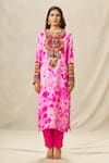 Anamika Khanna_Fuchsia Organza Embroidery Thread Round Tie Dye Pattern Kurta Set _at_Aza_Fashions