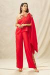 Buy_Anamika Khanna_Red Crepe Embroidery Thread Asymmetric Tribal Neckline Top And Pant Set _at_Aza_Fashions