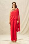 Anamika Khanna_Red Crepe Embroidery Thread Asymmetric Tribal Neckline Top And Pant Set _Online_at_Aza_Fashions