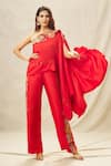 Buy_Anamika Khanna_Red Crepe Embroidery Thread Asymmetric Tribal Neckline Top And Pant Set _Online_at_Aza_Fashions