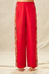 Anamika Khanna_Red Crepe Embroidery Thread Asymmetric Tribal Neckline Top And Pant Set _at_Aza_Fashions