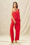 Buy_Anamika Khanna_Red Crepe Embroidery Thread Asymmetric Tribal Neckline Top And Pant Set 