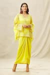 Buy_Anamika Khanna_Yellow Organza Embroidery Zardozi V Neck Top And Draped Skirt Set _at_Aza_Fashions