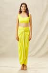 Anamika Khanna_Yellow Organza Embroidery Zardozi V Neck Top And Draped Skirt Set _Online_at_Aza_Fashions