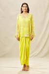 Buy_Anamika Khanna_Yellow Organza Embroidery Zardozi V Neck Top And Draped Skirt Set _Online_at_Aza_Fashions