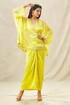Shop_Anamika Khanna_Yellow Organza Embroidery Zardozi V Neck Top And Draped Skirt Set _Online_at_Aza_Fashions