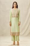 Anamika Khanna_Green Organza Embroidery Bead Round Bodice Kurta Set _Online_at_Aza_Fashions