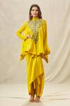 Buy_Anamika Khanna_Yellow Organza Embroidery Thread Mandarin Collar Yoke Top And Draped Skirt Set _at_Aza_Fashions