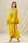 Buy_Anamika Khanna_Yellow Organza Embroidery Thread Mandarin Collar Yoke Top And Draped Skirt Set _Online_at_Aza_Fashions