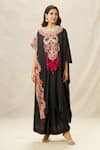 Anamika Khanna_Black Silk Embroidery Thread Notched Kaftan And Draped Skirt Set _Online_at_Aza_Fashions