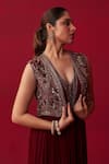 Adaara Couture_Maroon Jumpsuit Georgette Embroidery Sequin Jumpsuit Glitch Yoke With Jacket _Online_at_Aza_Fashions