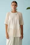 Nikasha_Cream Handwoven Jamdani And Cotton Round High Low Top _Online_at_Aza_Fashions